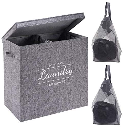 YOUDENOVA Double Laundry Hamper with Lid, Divided Dirty Clothes Basket with 2 Removable Liner Bag, Dual Hampers for Laundry Sort