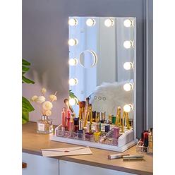 LUXFURNI Vanity Table Makeup Hollywood Mirror Dimmable Light Touch Control 12 Cold/ Warm LED Lights, Makeup Organizer Brush Hold