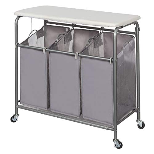 STORAGE MANIAC 3-Section Laundry Sorter, Heavy-Duty Rolling Laundry Cart with Ironing Board and Removable Bags, Triple Laundry H