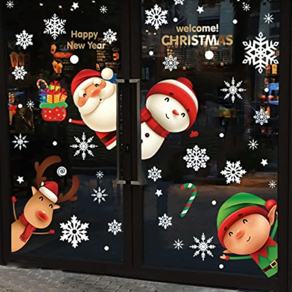XIMISHOP 82PCS Christmas Snowflake Window Clings Stickers for Glass, Xmas Decals Decorations Holiday Snowflake Santa Claus Reind