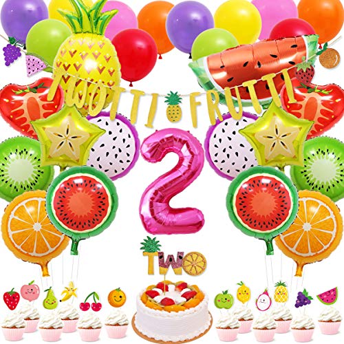 Wulagogo 71 Packs Tutti Frutti Party Decorations Set Twotti Frutti Glitter Banner/Cake Topper Fruit Cupcake Toppers Mylar Balloons for Tw