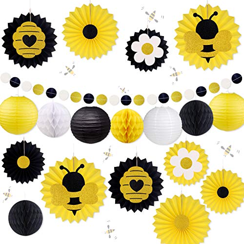 SIFAN Honey Bee Party Decorations, Bumble Bee Baby Shower Hanging Paper Fans Lanterns Tissue Honeycomb Ball Glitter Circle Dot Garland