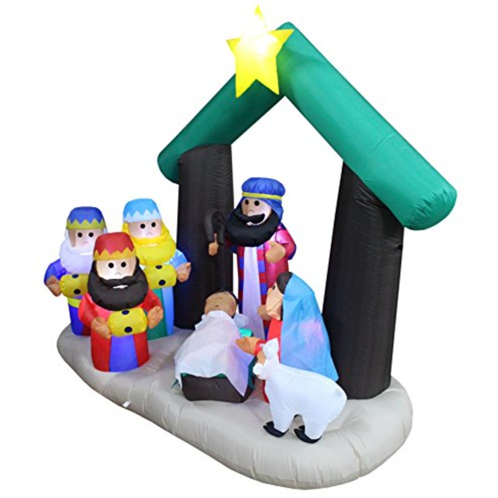 BZB Goods 6 Foot Tall Christmas Inflatable Nativity Scene Manger Set with Three Kings Sheep Stable LED Lights Outdoor Indoor Holiday Decor