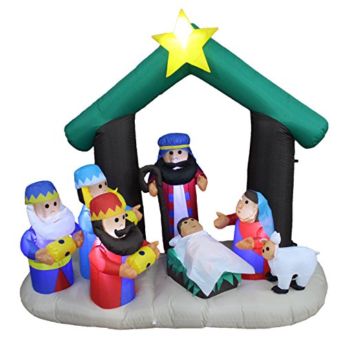 BZB Goods 6 Foot Tall Christmas Inflatable Nativity Scene Manger Set with Three Kings Sheep Stable LED Lights Outdoor Indoor Holiday Decor