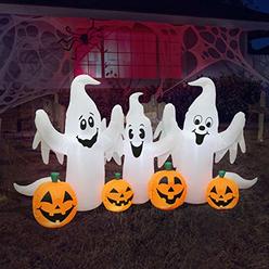 BZB Goods 6 Foot Long Lighted Halloween Inflatable Three Ghosts with Pumpkins Patch Outdoor Indoor Holiday Decorations, Blow Up LED Lights