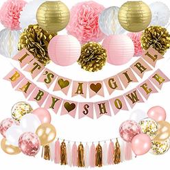 BRT Bearingshui Baby Shower Decorations for Girl - Pink and Gold Baby Shower Decoration It’s A girl & Baby Shower Banner with Paper Lantern Pomp