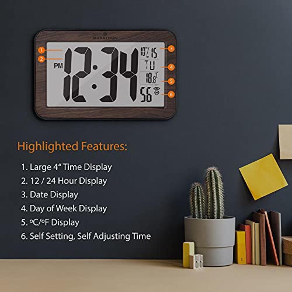 MARATHON Commercial Grade Panoramic Autoset Atomic Digital Wall Clock with Table or Desk Stand, Date, and Temperature, 8 Time Zo