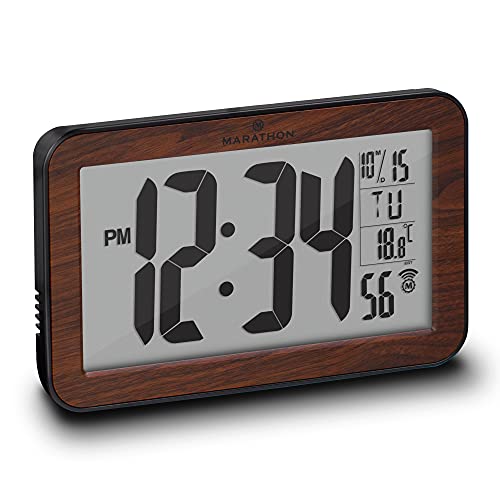 MARATHON Commercial Grade Panoramic Autoset Atomic Digital Wall Clock with Table or Desk Stand, Date, and Temperature, 8 Time Zo