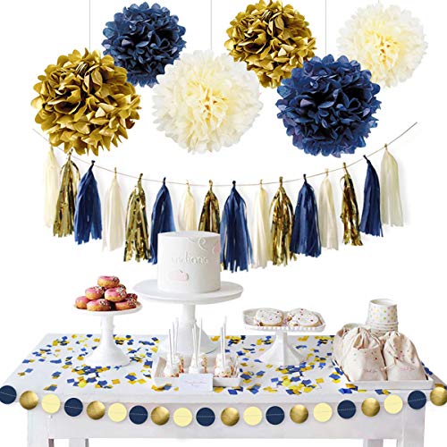 NICROLANDEE Navy Blue Gold Party Decoration Kit Nautical Baby Shower Hanging Pom Poms Paper Garland Party Confetti for Navy Part