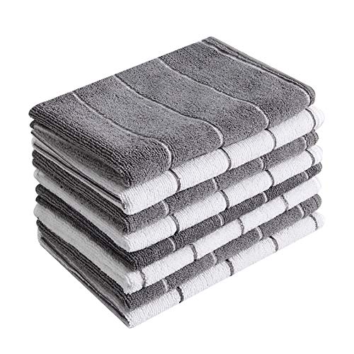 HYER KITCHEN Microfiber Kitchen Towels - Super Absorbent, Soft and Solid Color Dish Towels, 8 Pack (Stripe Designed Grey and White Colors), 2