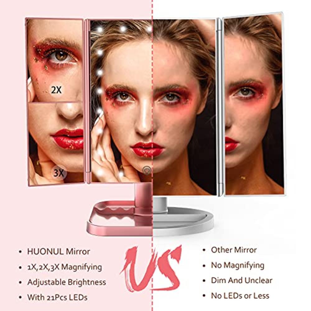 huonul Makeup Mirror Vanity Mirror with Lights, 1x 2X 3X Magnification, Lighted Makeup Mirror, Touch Control, Trifold Makeup Mirror, Du