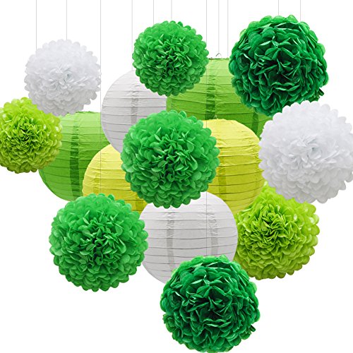 KAXIXI Hanging Party Decorations Set, 15pcs Green White Paper Flowers Pom Poms Balls and Paper Lanterns for St. Patricks Day Bir