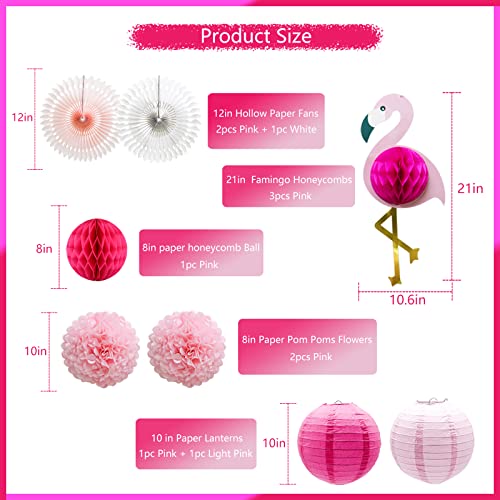 KAXIXI Tropical Pink Flamingo Party Decorations, Pom Poms Honeycomb Balls Paper Flowers Tissue Paper Fan Paper Lanterns for Hawaiian Su