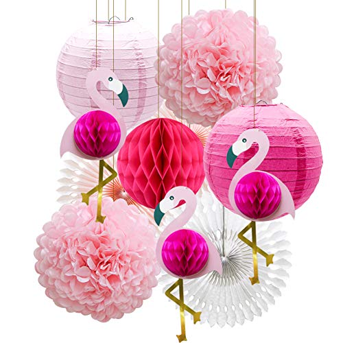 KAXIXI Tropical Pink Flamingo Party Decorations, Pom Poms Honeycomb Balls Paper Flowers Tissue Paper Fan Paper Lanterns for Hawaiian Su