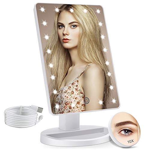 COSMIRROR Lighted Makeup Vanity Mirror with 10X Magnifying Mirror, 21 LED Lighted Mirror with Touch Sensor Dimming, 180°Adjustab