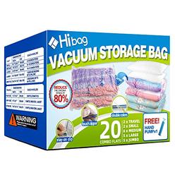 Hibag Space Saver Bags, 20 Pack Vacuum Storage Bags (6 Medium, 5 Large, 5 Jumbo, 2 Small, 2 Roll Up Bags) with Hand Pump for