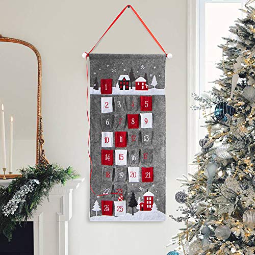 S-DEAL Gray Christmas Advent Calendar 2021 Countdown to Christmas Cloth Wall Hanging with 25 Pockets for Xmas Holiday Decoration