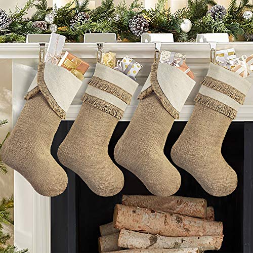 Ivenf Fringed Christmas Stockings, 4 Pack 18 inches Large Original Burlap Stockings with Tassel, for Family Holiday Home Decor X