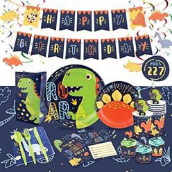 Joyful Toys 227 Pcs Dinosaur Birthday Party Supplies and Decorations - Serves 16 ? Napkins | Utensils | Plates | Invitations | Cake Wrappers