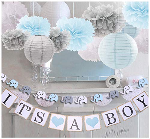 luckylibra Boy Baby Shower Decorations, It is a Boy Banners Elephant Garland and Paper Lantern Paper Flower Pom Poms ?Blue White