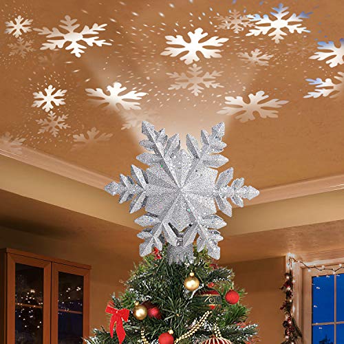 Yawenner Tree Topper Lighted Led Rotating Magic Snowflake Projector 3d Hollow Glitter Sliver Snow For Chr Yawenner Tree Topper Lighted, Lighted Led Tree Topper