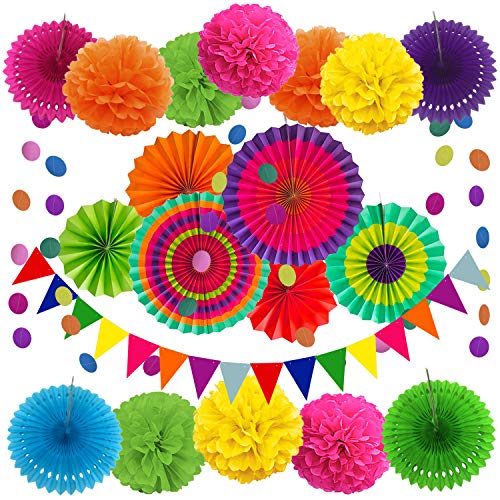 ZERODECO Party Decoration, 21 Pcs Multi-color Hanging Paper Fans, Pom Poms Flowers, Garlands String Polka Dot and Triangle Bunti