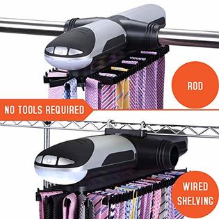 Primode Motorized Tie Rack Closet Organizer with LED Lights, Bonus  Stainless Steel Tie Clip Set, Includes J Hooks for Wired Shel