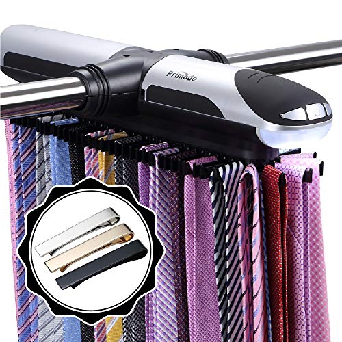 Primode Motorized Tie Rack Closet Organizer with LED Lights, Bonus Stainless Steel Tie Clip Set, Includes J Hooks for Wired Shel