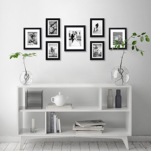 Americanflat 7 Pack Gallery Wall Set | Displays One 11x14, Two 8x10, and Four 5x7 inch photos. Shatter-Resistant Glass. Hanging 