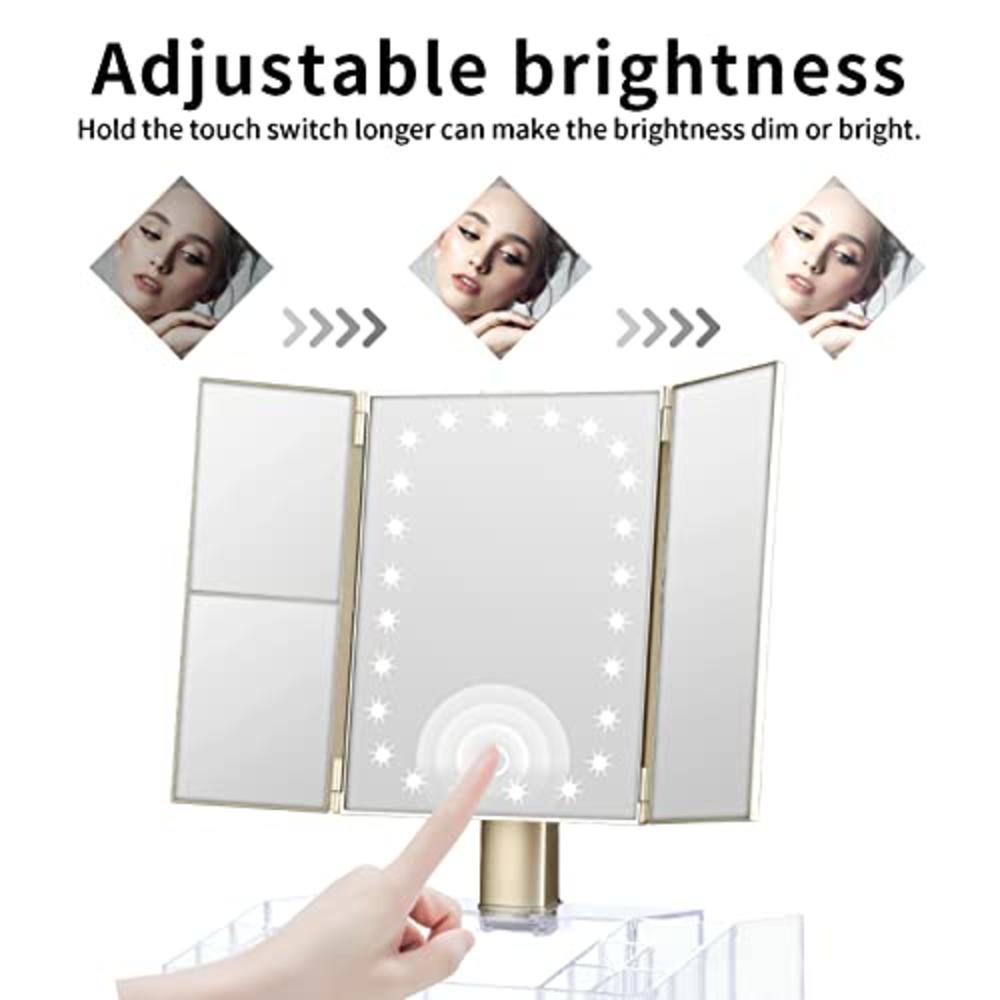 GULAURI Makeup Mirror - Lighted Makeup Mirror with Lights and Magnification, 3x/2x Magnifying, Tri-Fold Cosmetic Vanity Mirror w