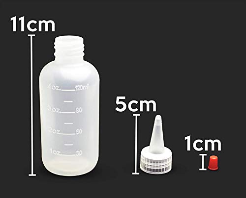 HYQO Plastic Bottles 120 mL with Red Tip Caps and Measurements - Small Mini  Condiment Squeeze Bottles 