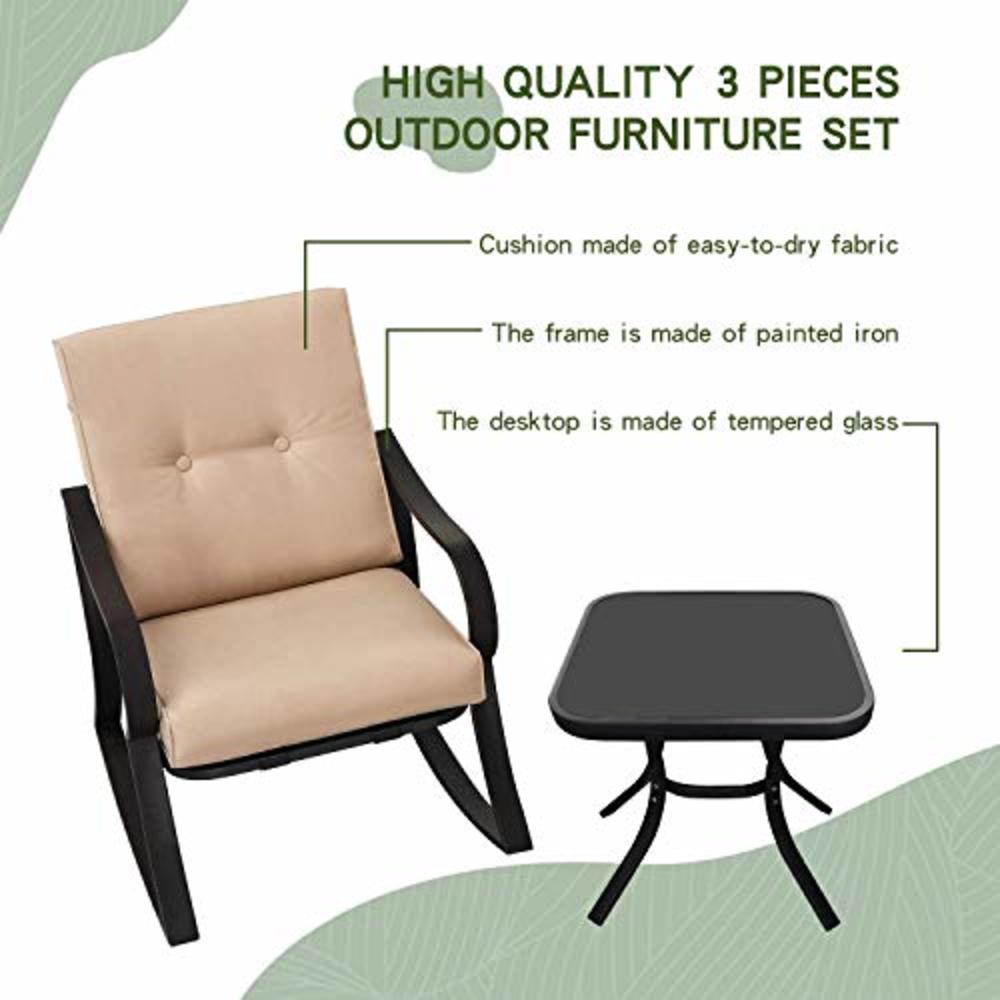 SOLAURA 3-Piece Outdoor Rocking Chairs Bistro Set, Black Steel Patio Furniture with Brown Thickened Cushion & Glass-Top Coffee T