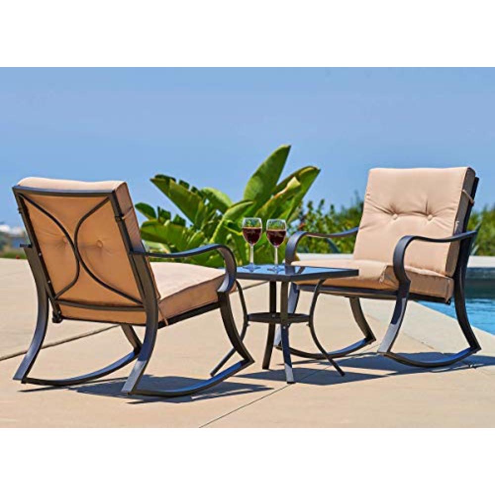SOLAURA 3-Piece Outdoor Rocking Chairs Bistro Set, Black Steel Patio Furniture with Brown Thickened Cushion & Glass-Top Coffee T