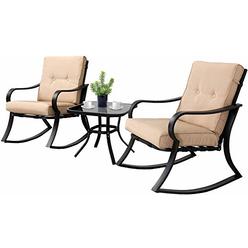 solaura 3-piece outdoor rocking chairs bistro set, black iron patio furniture with brown thickened cushion & glass-top coffee