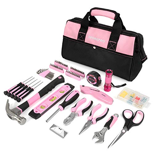 WORKPRO Pink Tool Kit, 106-Piece Ladys Home Repairing Tool Set with Wide Mouth Open Storage Bag - Pink Ribbon