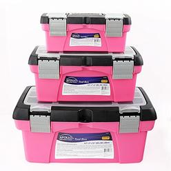 Apollo Precision Tools Apollo Tools Set of 3 Pink Stackable Tool Boxes with Top Compartment and Removable Trays for Crafts, Tool Storage - Pink Ribbon