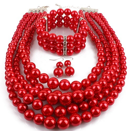 Shineland Elegant Multilayers Simulated Pearl Strand Cluster Collar Bib Choker Costume Jewelry Sets (Red)