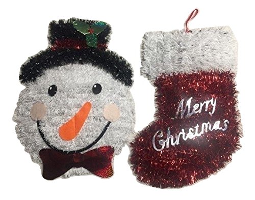 Christmas House Tinsel Christmas Stocking and Snowman Hanging Decoration, Red/White, 13" x 9" and 9.45" x 14.17"
