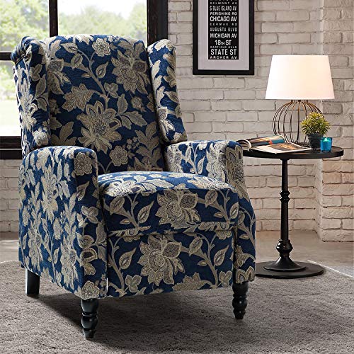 TINAS HOME Midnight Blue Luxury Floral Wingback Push Back Recliner Armchair for Living Room Home Theater