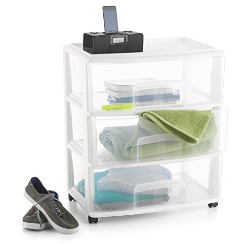 Homz Products HOMZ Plastic 3 Drawer Wide Cart, White Frame, Clear Drawers, 4 Casters Included, Set of 1