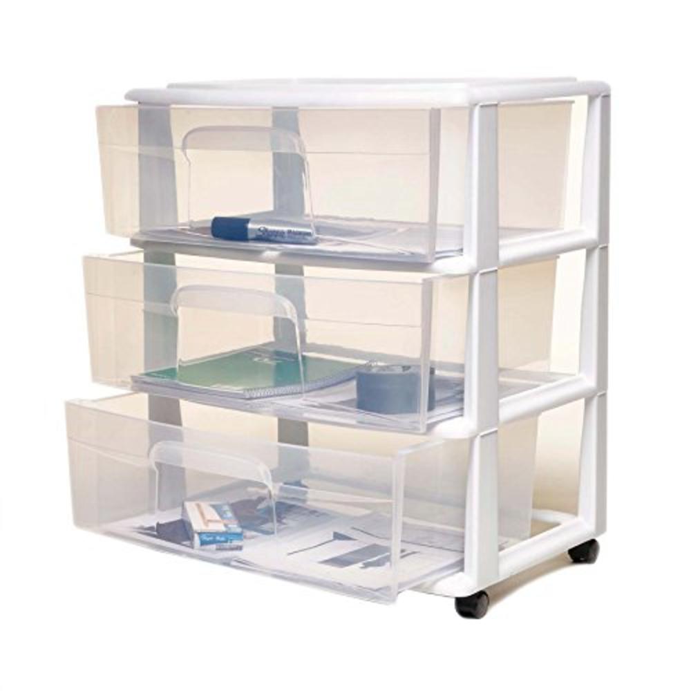 Homz Products HOMZ Plastic 3 Drawer Wide Cart, White Frame, Clear Drawers, 4 Casters Included, Set of 1