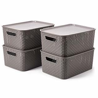 Ezoware Set of 4 Lidded Storage Bins, Large Plastic Stackable Weaving Wicker Organizing Basket Box Containers with Lid and Handl