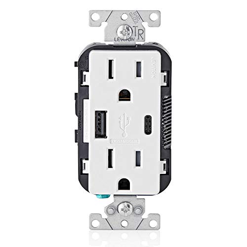 Leviton T5633-W 15-Amp Type-C USB Charger/Tamper Resistant Receptacle, 1-Pack, White