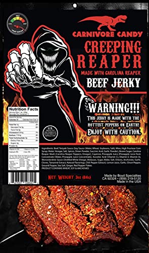 JURASSIC JERKY’S “CREEPING REAPER” Carolina Reaper Beef Jerky (1)-3oz Bag The Reaper is the HOTTEST Pepper in the world! Sweet w