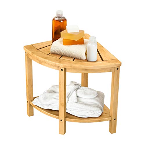 Bamfan Bamboo Corner Shower Bench Waterproof Stool with Space-Efficient Storage Shelf - Shower Stool Seat for Indoor or Outdoor 