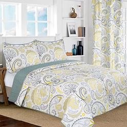 All American collection New 3pc Yellowgrey Paisley Printed Reversible BedspreadQuilt Set Matching curtains Available (Kingcal Ki