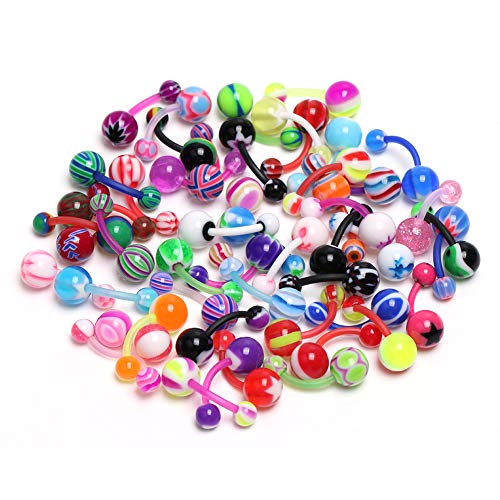 CrazyPiercing 50Pcs Belly Button Rings, 14G Acrylic Belly Ring Retainers, UV Flexable Navel Rings for Women Girls Body Piercing