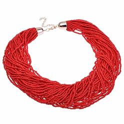Jerollin Fashion Multilayer Seed Bead Chain Choker Collar Cluster Strand Handmade Bib Statement Necklace (Red)