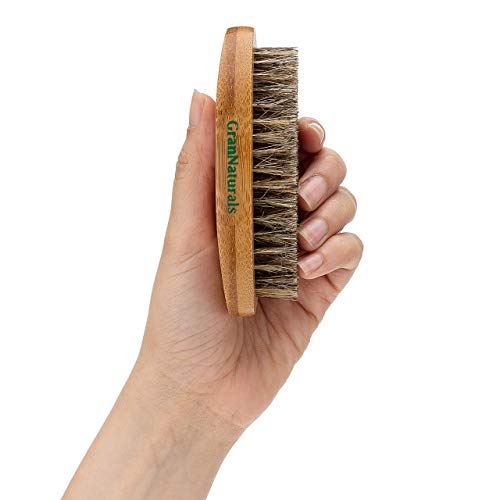 GranNaturals Military Style Boar Bristle Mens Hair Brush for Boys - Small  Hand + Palm Size Mens Hairbrush and Beard Brush for Gr