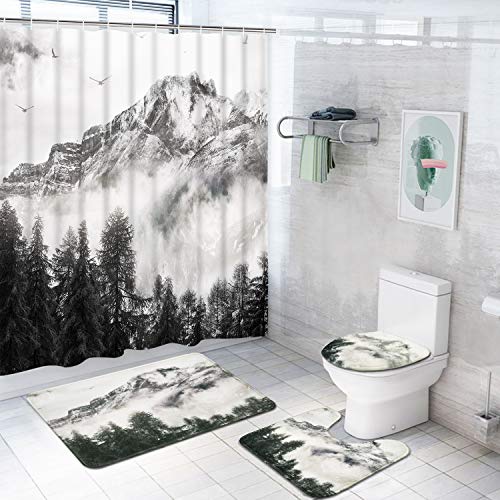 Likiyol 4 Pcs Smoky Mountain Forest Shower Curtain Set with Non-Slip Rug, Toilet Lid Cover, Bath Mat and 12 Hooks, Foggy National Park W